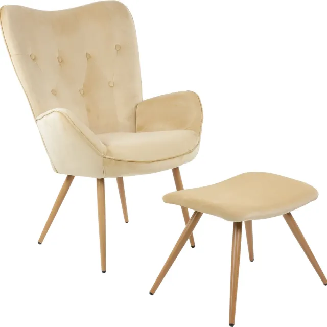 Albatros International Albatros Wing Chair met Krukje York, Beige - Vintage u Stijlvol, Fluwelen Bekleding - Elegante en SGS Goedgekeurde Leesstoel of Relaxstoel met Krukje in Moderne Look