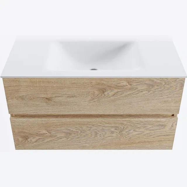 Mondiaz VICA 90cm badmeubel onderkast Washed Oak 2 lades. Wastafel CLOUD midden 1 kraangat, kleur Talc.