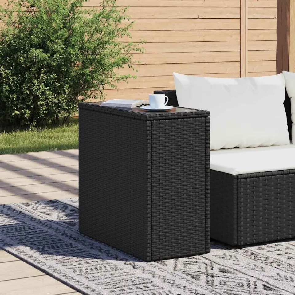 vidaXL Tuinbijzettafel met glazen blad 58x27,5x55 cm poly rattan zwart, foto 2