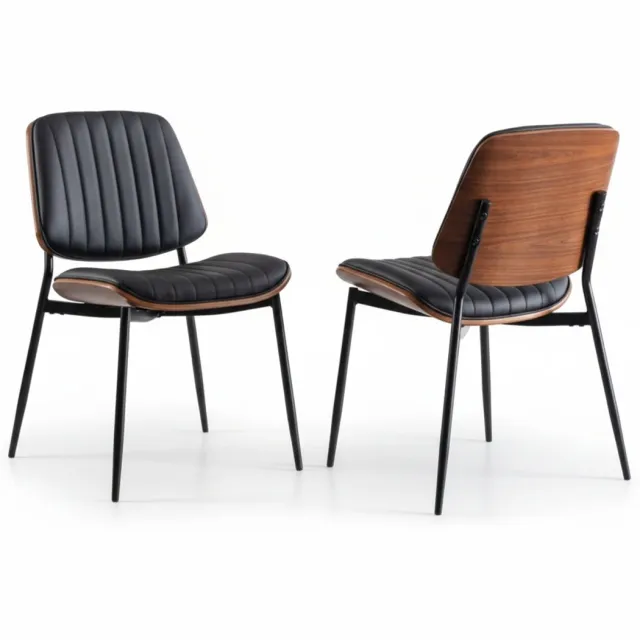 Clruro Set van 2 Eetkamerstoelen, Mid-Century Modern Stijl – Kunstleer Zitting, Walnoot Hout & Metalen Frame, Verstelbare Voetjes – Keuken- en Woonkamerstoelen (Zwart)