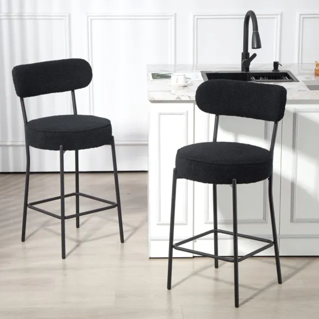 MEUNIQ Barkruk set van 2 met rugleuning, gestoffeerde zitting en voetsteun, 52 x 49 x 95 cm, zwarte barstoelen met metalen frame voor keuken of bartafel