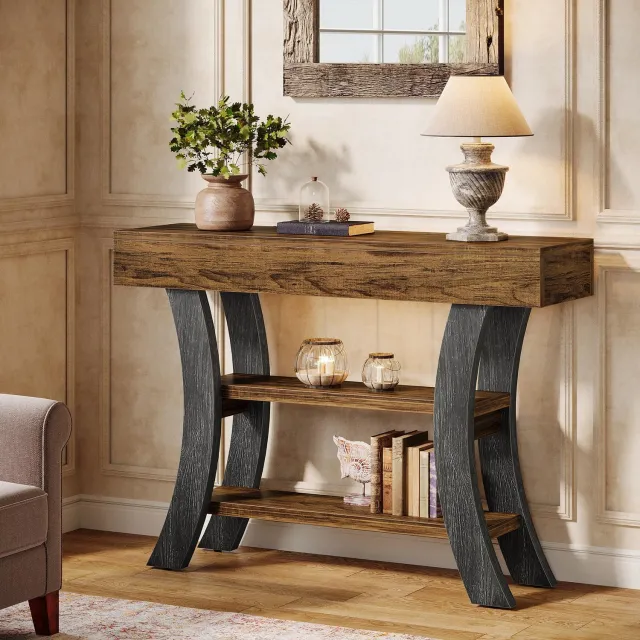Little Trees LITTLE TREE Smalle Rustieke Console Tafel -105 x 30 x 80 cm - 3 Lagen Opbergplanken - Gebogen Frame - Voor Hal en Woonkamer -Bruin