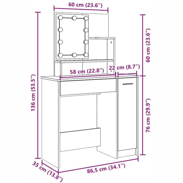 vidaXL Kaptafel - met - LED-verlichting - 86,5x35x136 - cm - oud - houtkleurig oud hout