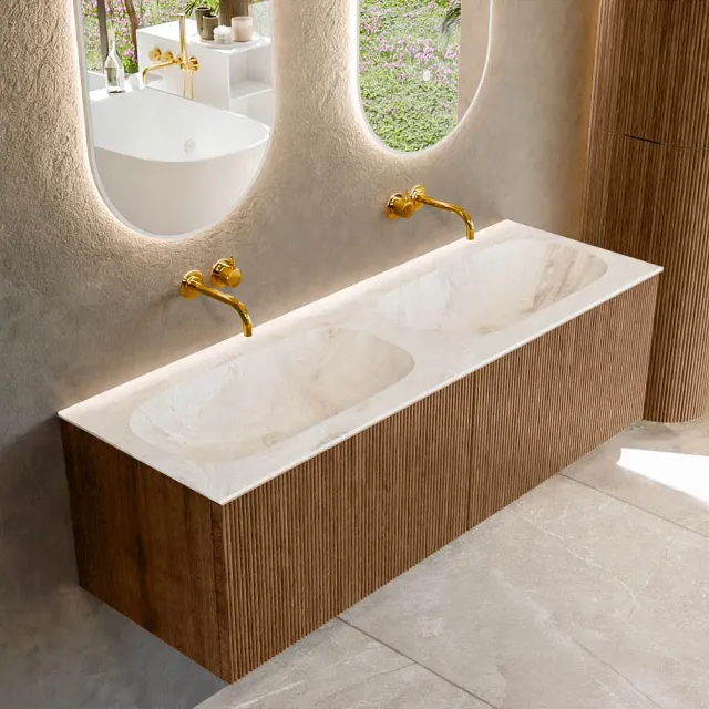 Mondiaz KURVE-DLUX 140 cm Onderkast Greeploos 2 Lades Zonder Deuren Walnut, Wastafel Solid Surface Dubbel Frappe 0 Kraangaten Zonder Spiegel (KRVSTS1402L0D0KD-Wal/Fra)