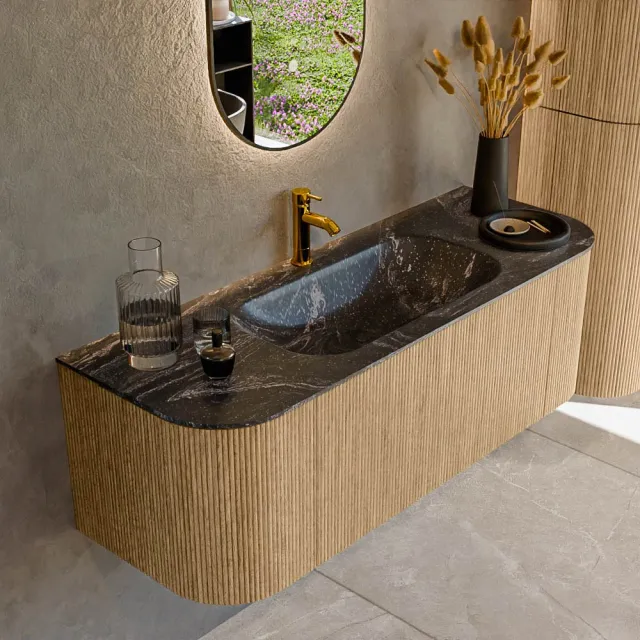 Mondiaz KURVE-DLUX 130 cm Onderkast Greeploos 1 Lade Met Deuren Oak, Wastafel Solid Surface Midden Lava 1 Kraangat Zonder Spiegel (KRVBGS130L+R1L2D1KM-Oak/Lav)