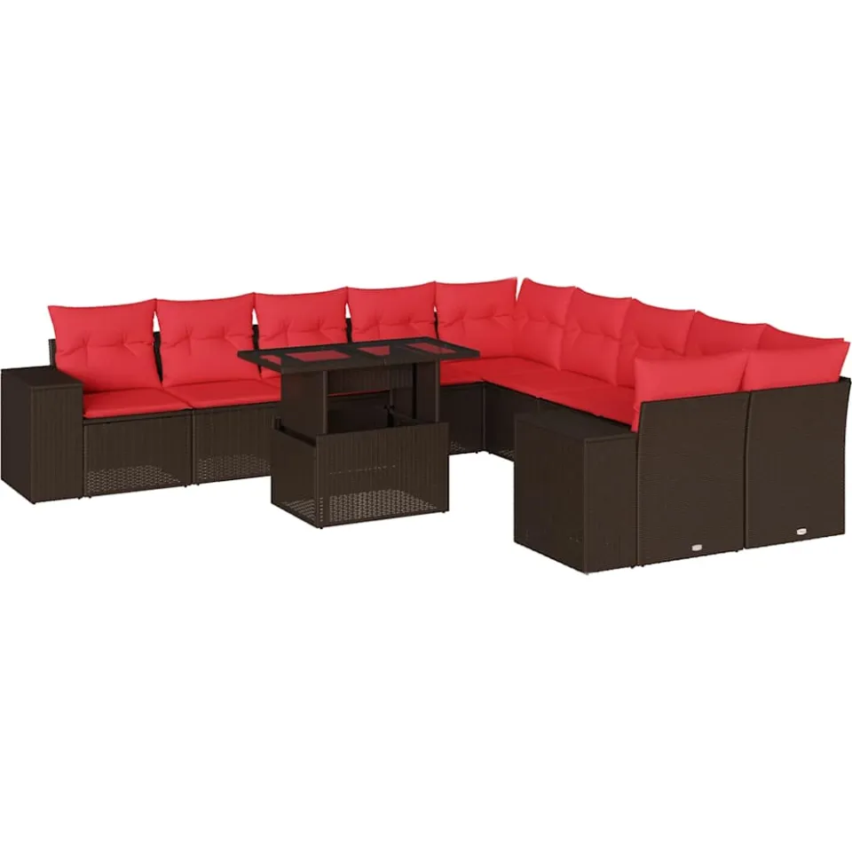 vidaXL 11-delige tuinbankset met kussens, bruin polyrotan