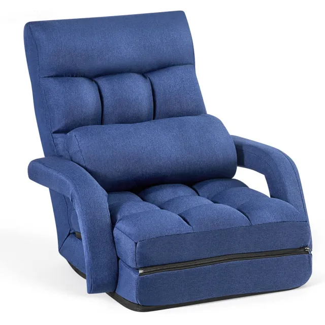 Vevor Vloerstoel, 5-Voudig Verstelbaar, Vloerfauteuil met Rugleuning, Armleuningen en Kussen, Relaxfauteuil met Metalen Frame, Schuim- en Linnen Bekleding, Om Te Lezen en Te Ontspannen, Donkerblauw