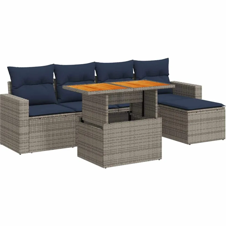 vidaXL 6-delige Loungeset met kussens poly rattan grijs, foto 3
