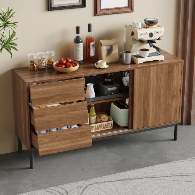 OKWISH Keukenkast Met 3 Lades En 2 Schuifdeuren Ruime Opbergruimte Voor Keuken Eetkamer En Woonkamer MDF Natuurlijk 150 x 40 x 80 cm Naturel