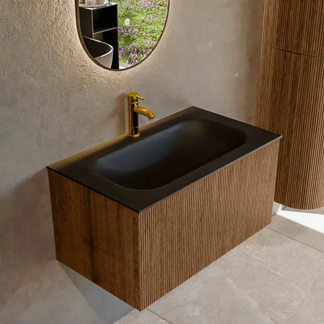 Mondiaz KURVE-DLUX 80 cm Onderkast Greeploos 1 Lade Zonder Deuren Walnut, Wastafel Solid Surface Volledig Lava 1 Kraangat Zonder Spiegel (KRVBGS801L0D1KM-Wal/Lav)