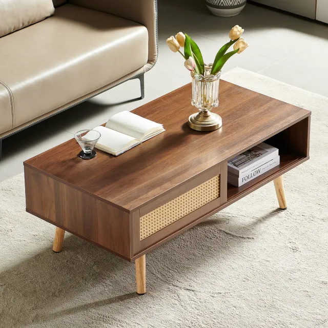 DESMIU Salontafel Met Schuifdeur Van Rotan En Massief Hout Voor Woonkamer Slaapkamer En Kantoor Bruin 105 X 55 X 40 Cm
