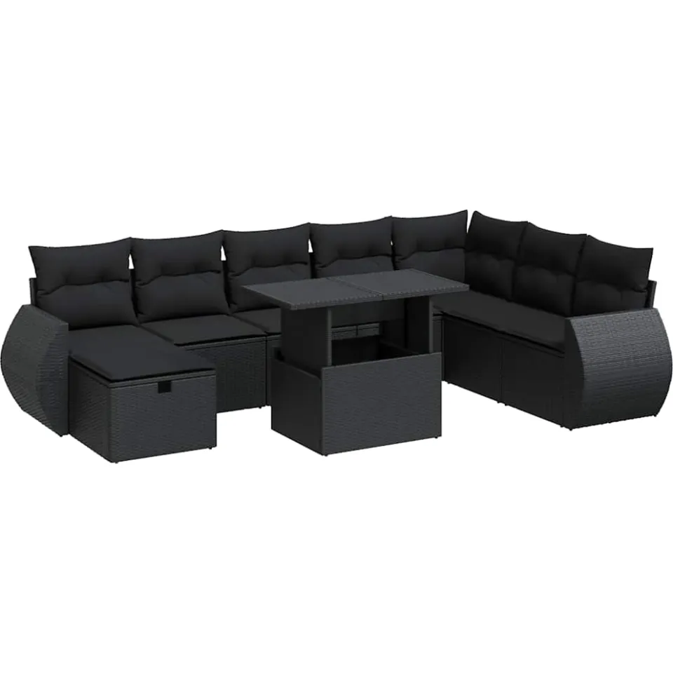 vidaXL 9-delige Loungeset met kussens poly rattan zwart, foto 3