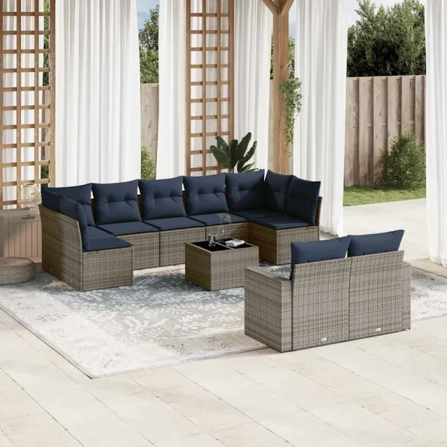 vidaXL 10-delige Loungeset met kussens poly rattan grijs, foto 2