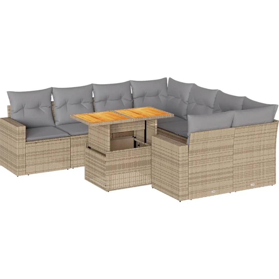 vidaXL 9-delige Loungeset met kussens poly rattan beige, foto 3