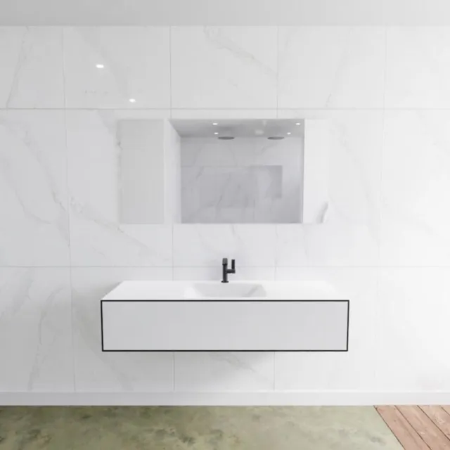 Mondiaz Badkamermeubelset Mondiaz LAGOM 140 cm met Gecentreerde Wastafel Solid Surface Met 1 Kraangat Mat Wit (1 lade)