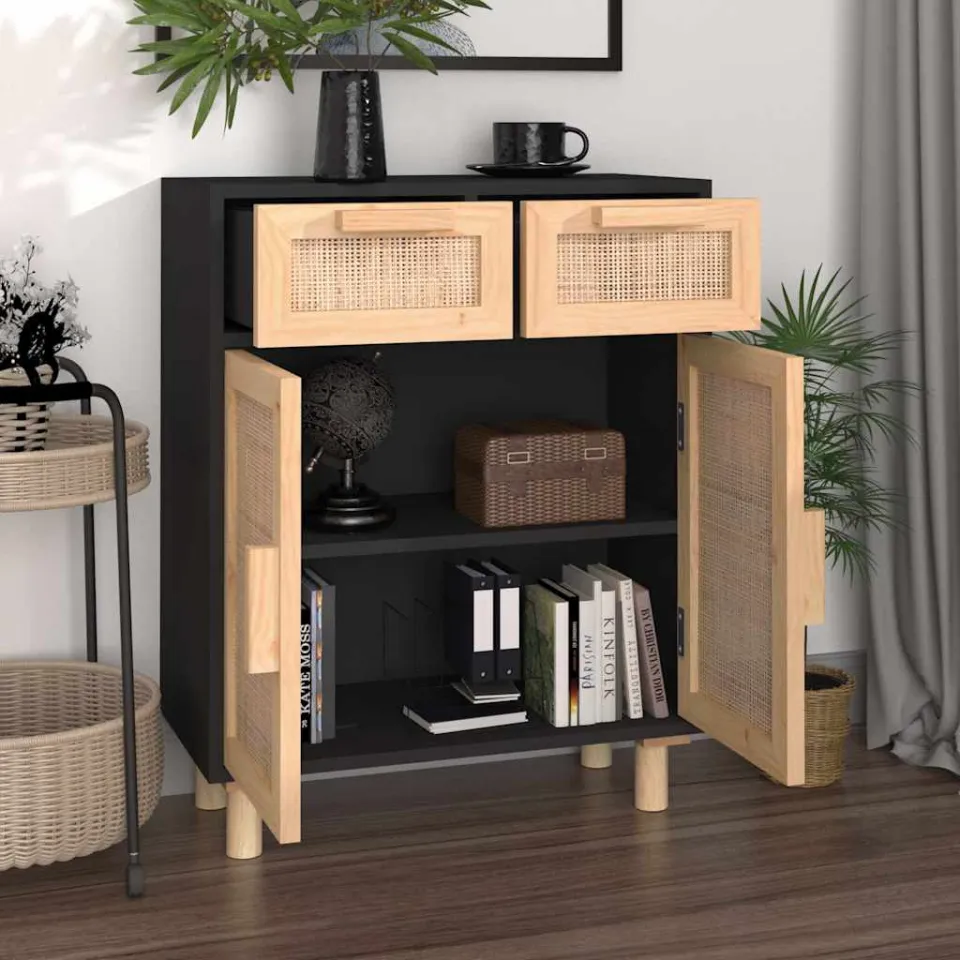 vidaXL Dressoir 60x30x75 cm massief grenen hout en rattan zwart, foto 3