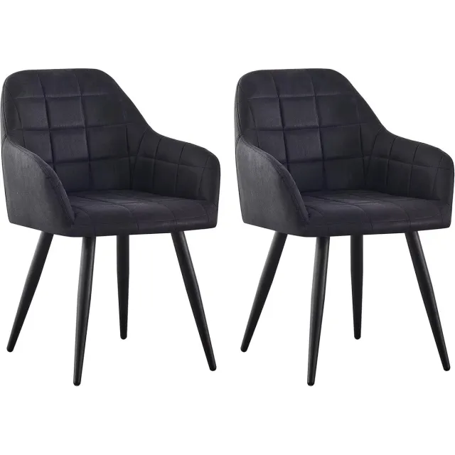 Whoopr® Set van 2 Eetkamerstoelen – Gestoffeerde Designstoelen van Kunstsuède – Moderne Stoelen met Armleuningen & Metalen Poten – Voor Eetkamer & Woonkamer Zwart