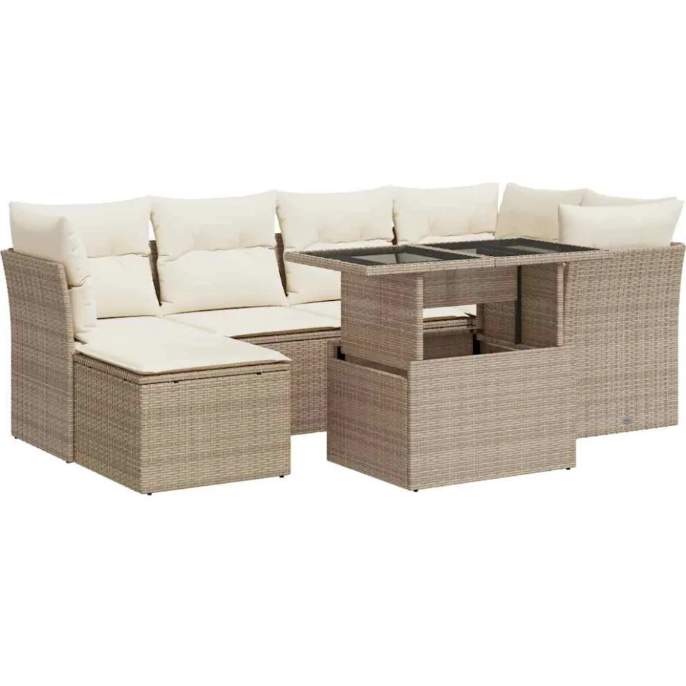 vidaXL 7-delige Loungeset met kussens poly rattan beige, foto 3