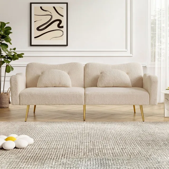 VVBV Slaapbank met Opbergruimte 175x79x82 cm – Slaapfunctie, Tot 150 kg, Cloud Design, 2-in-1, Armleuningen – voor Woonkamer – Schuim – Beige/Naturel Beige+Natural