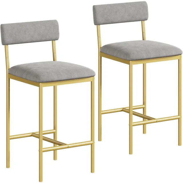 HOERFURIY Modern industrieel barstoel set 2 stuks, counterhoogte, grijs fluweel zitting, gouden frame, rugleuning en voetsteun kookeiland grijs en goud
