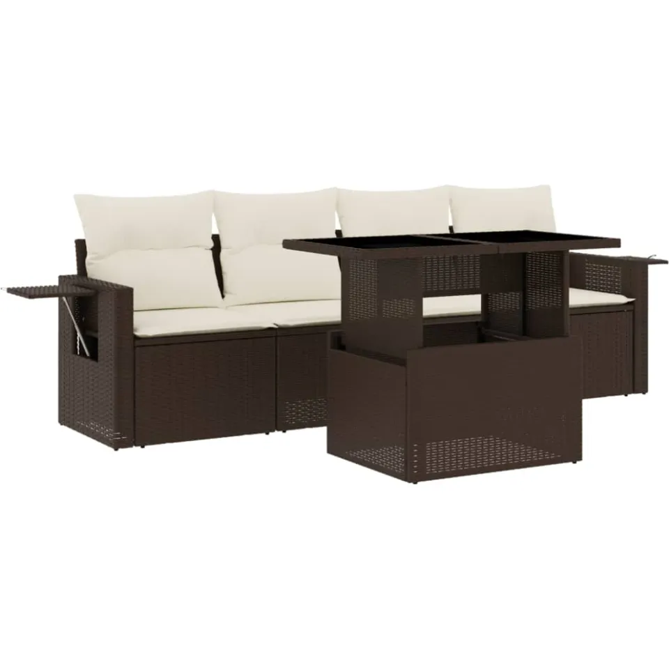 vidaXL 5-delige Loungeset met kussens poly rattan bruin, foto 3