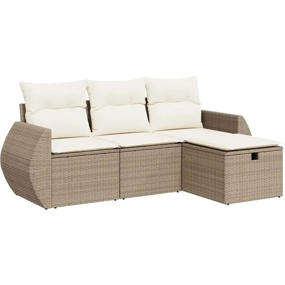 vidaXL 4-delige Loungeset met kussens poly rattan beige, foto 3