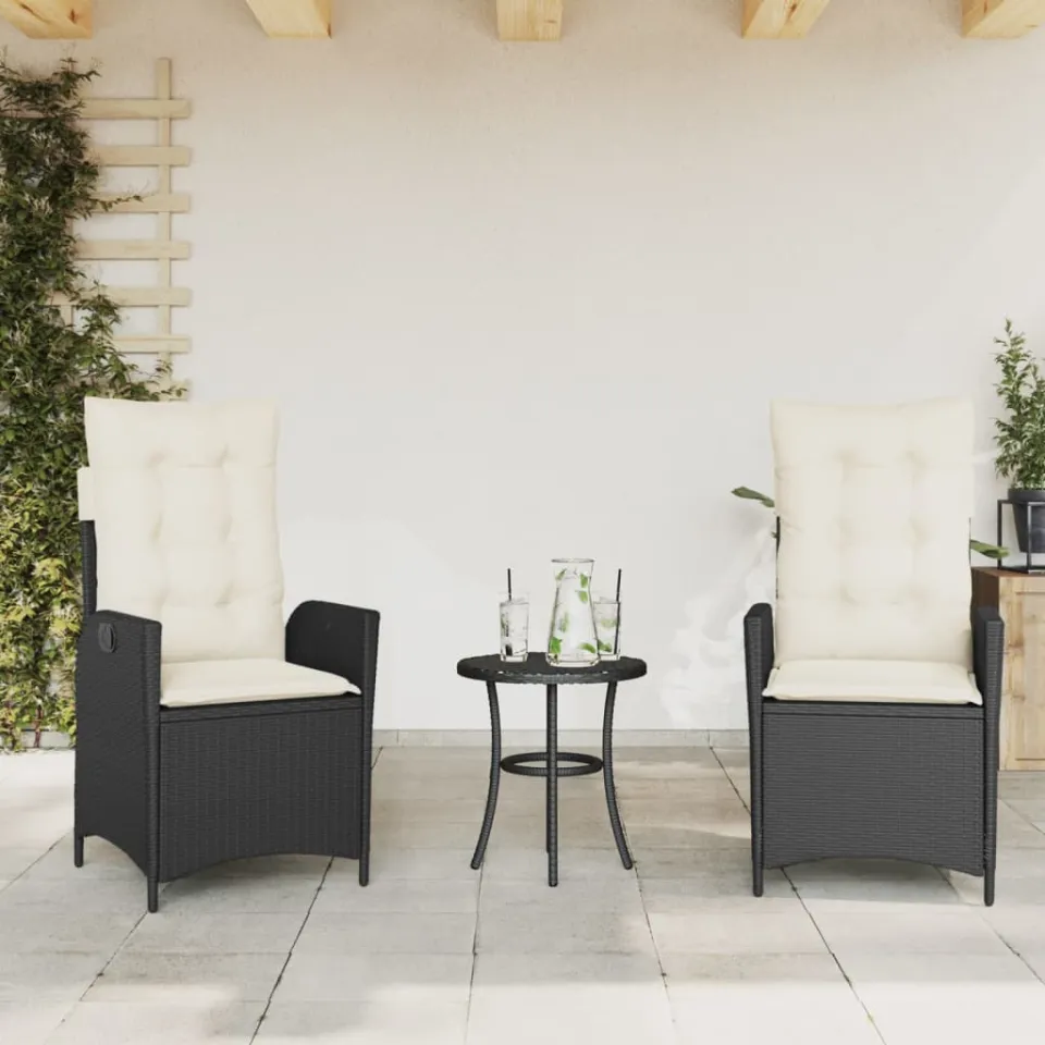 vidaXL 3-delige Bistroset met kussens poly rattan zwart, foto 2