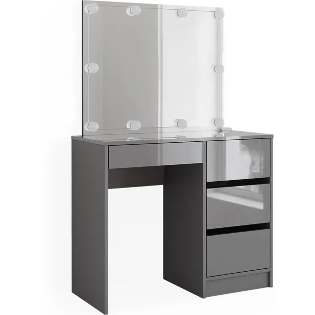 Vicco Kaptafel set met kruk Sherry, Grijs, 90 cm met spiegel en LED-lichtslinger