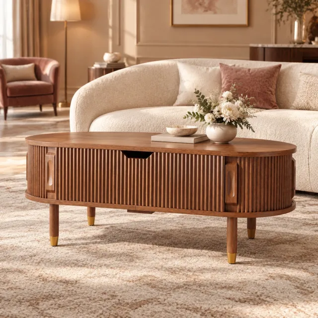 CHICFURN Salontafel - hydraulisch verstelbaar - schuifdeuren - walnoot