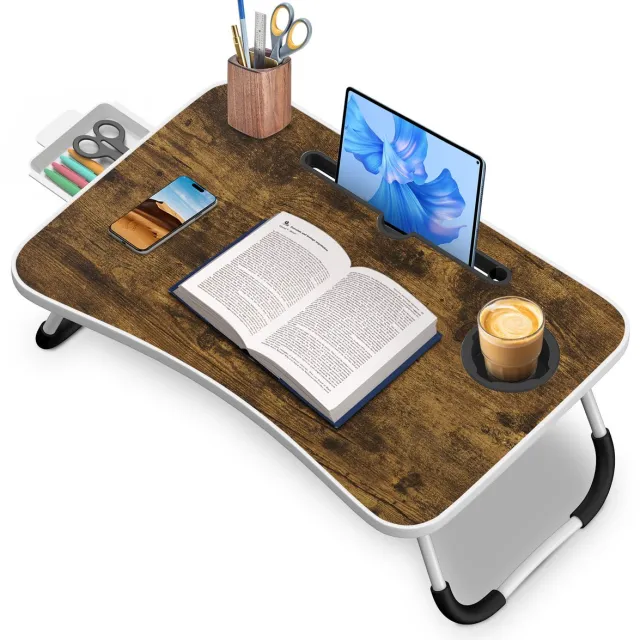 Arvioo ‑Opvouwbaar‑laptoptafel‑houtlook‑met‑tablethouder‑bekerhouder‑lade