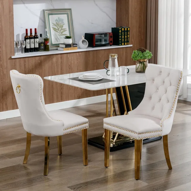 KOMHTOM BLACKCOLORS Moderne hoogwaardige eigentijdse eetkamerstoel van gestoffeerd fluweel met massief houten poten met verguld roestvrijstalen afwerking, spijkerstof, set van 2, beige en goud, DE1601BG