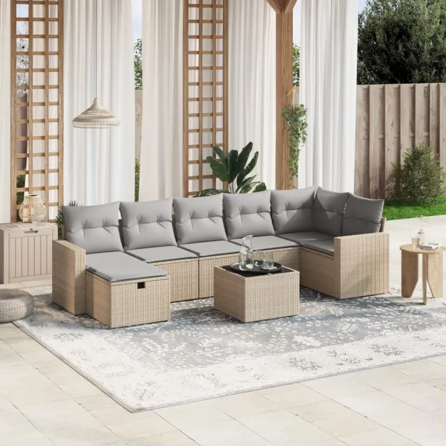 vidaXL 8-delige Loungeset met kussens poly rattan gemengd beige, foto 2