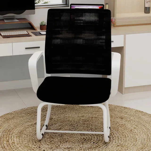 FloraGrace Bureaustoel Met Vaste Armleuningen Mesh Rugleuning Metaal Frame Zwart Wit Voor Home Office En Woonkamer