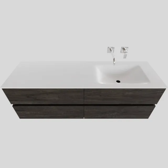 Boss & Wessing Badkamermeubel Solid Surface BWS Stockholm 200x46 cm Wood Dark Brown Wasbak Rechts (0 kraangaten, 4 lades)