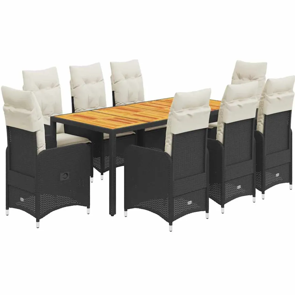 vidaXL 9-delige Bistroset met kussens poly rattan zwart