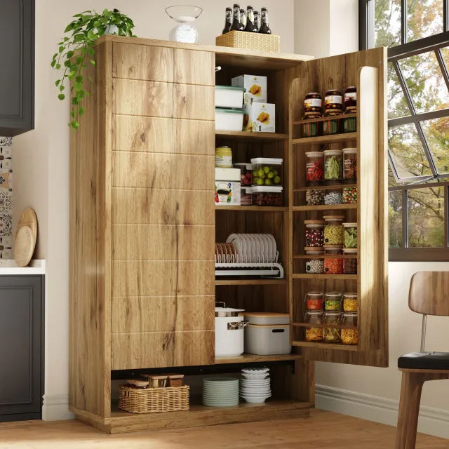 Maisentiel Hoge keukenkast met dubbele push-to-open deuren - 100 x 40 x 162,5 cm - licht eiken