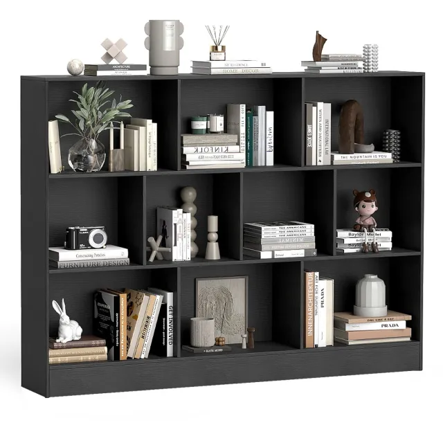 Costway Boekenkast met 10 vakken, staand rek met 3 etages, kubusrek, kantoorrek, opbergkast voor woonkamer, slaapkamer, studeerkamer, kantoor (Zwart, 140 x 24 x 104 cm)