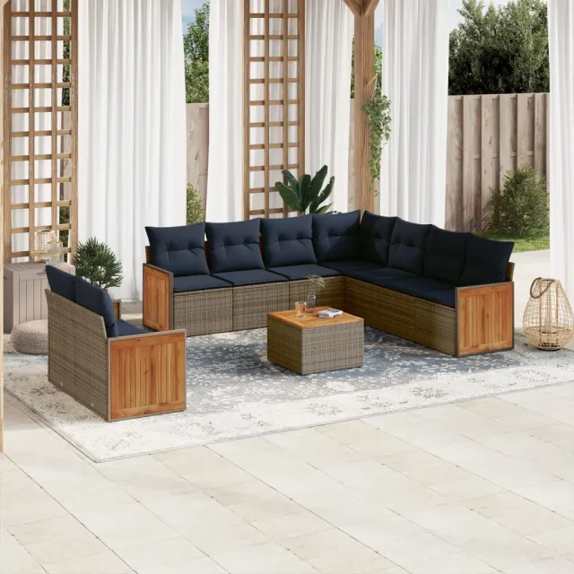 vidaXL 10-delige tuinbankset met kussens, grijs polyrotan, foto 2