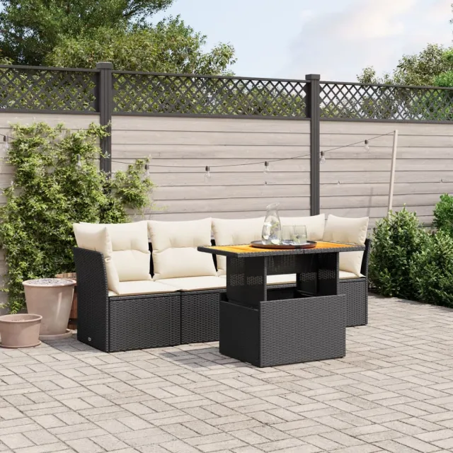vidaXL 5-delige Loungeset met kussens poly rattan zwart, foto 2