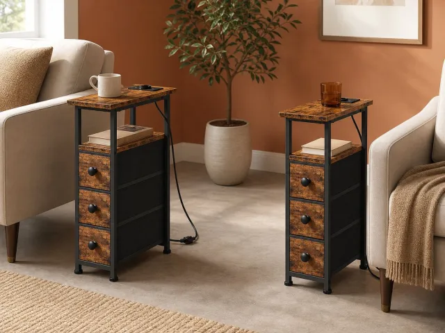 Trankielo Set van 2 kastjes met stopcontact en USB-poorten – 3 stoffen lades per kastje – Rustiek bruin en zwart Vintage bruin + Zwart