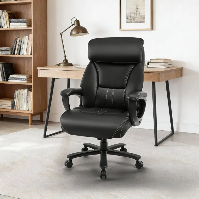 REDOM Bureaustoel - Ergonomische hoge rugleuning met hoofdsteun en armleuningen - Verstelbare lendensteun - Draaibaar met wielen - Kunstleer - Zwart - 86 x 72 x 127 cm
