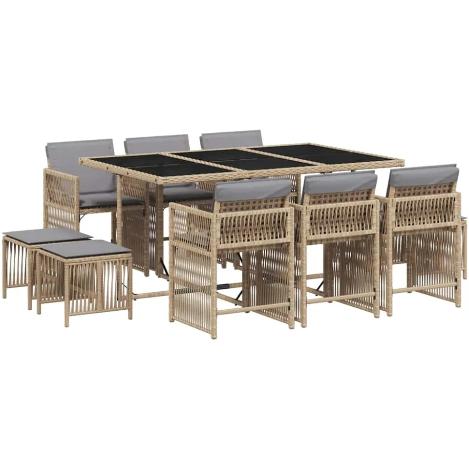 vidaXL 11-delige Tuinset met kussens poly rattan gemengd beige