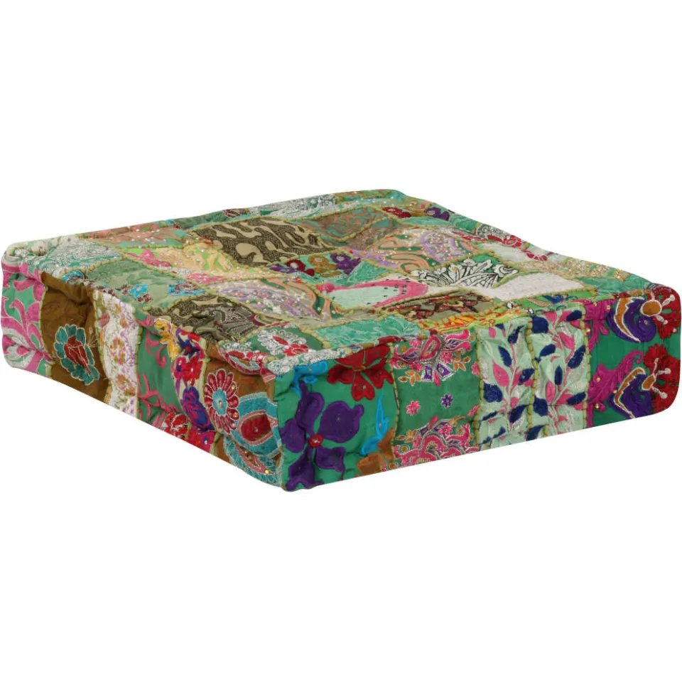 vidaXL Poef patchwork vierkant handgemaakt 50x50x12 cm katoen groen, foto 3