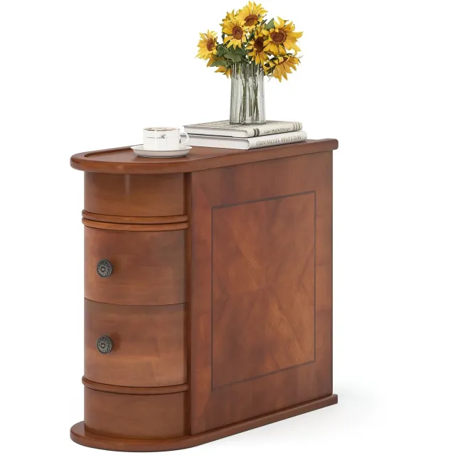 Nyoz smalle bijzettafel - Sidetable - Nachtkastje - 2 lades - 60 x 27,5 x 60 cm - Ruimtebesparend - Houtlook - Bruin - Gemonteerd