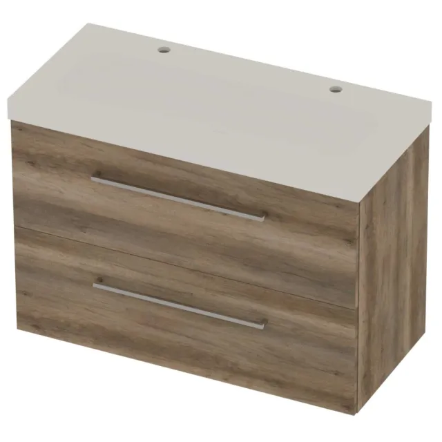 Basic-Line Moby 46 Badmeubelset Polystone 2 Kraangaten Voor Grepen 100x46x66 cm Scotch Oak Mat Wit