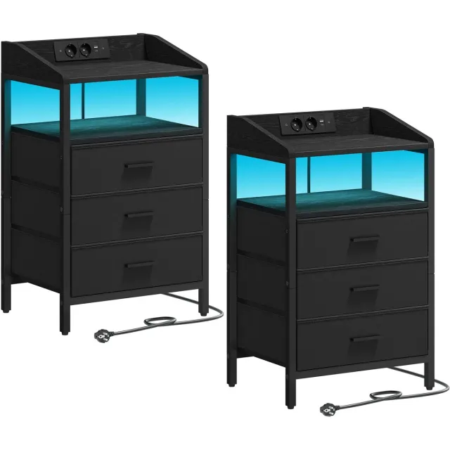 Seth Select Nachtkastjes - Set van 2 - met LED Verlichting – Bijzettafel met USB Oplaadstation – 3 Stoffen Laden & Planken – Zwart