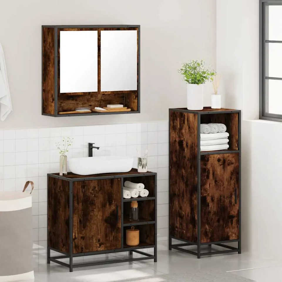 vidaXL 3-delige Badkamermeubelset bewerkt hout gerookt eikenkleurig, foto 4
