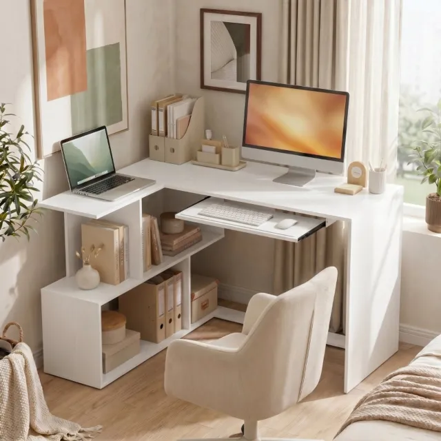 MODFU L-Vorm Bureau Met Toetsenbordlade En Open Vakken - Wit Houtlook - 120 x 100 x 76 cm