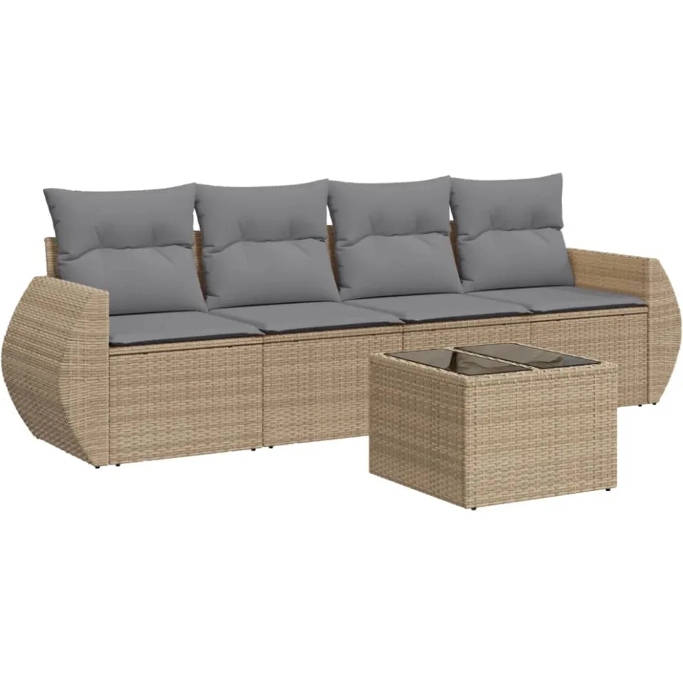 vidaXL 5-delige Loungeset met kussens poly rattan beige, foto 3