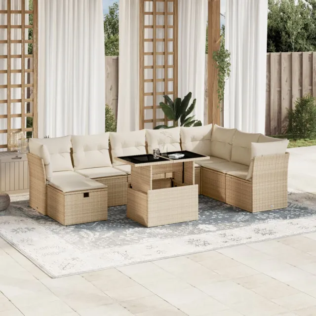 vidaXL 9-delige Loungeset met kussens poly rattan beige, foto 2